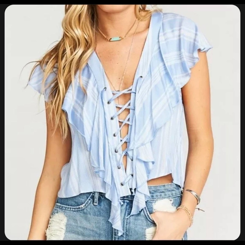 Show Me Your Mumu Treasure Lace-up Ruffle Striped Blue Rayon Top